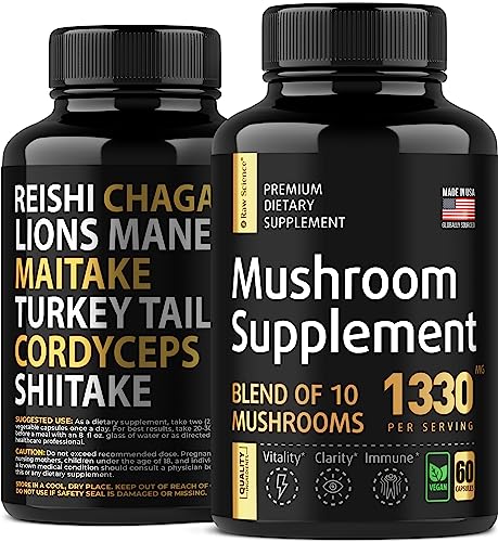 Mushroom Nootropic Supplement with Lions Mane - Mushroom Blend: Lion's Mane, Reishi, Chaga Mushroom Extract - Focus & Brain Support with Turkey Tail, Shiitake, Maitake, Cordyceps Powder - 60 Capsules